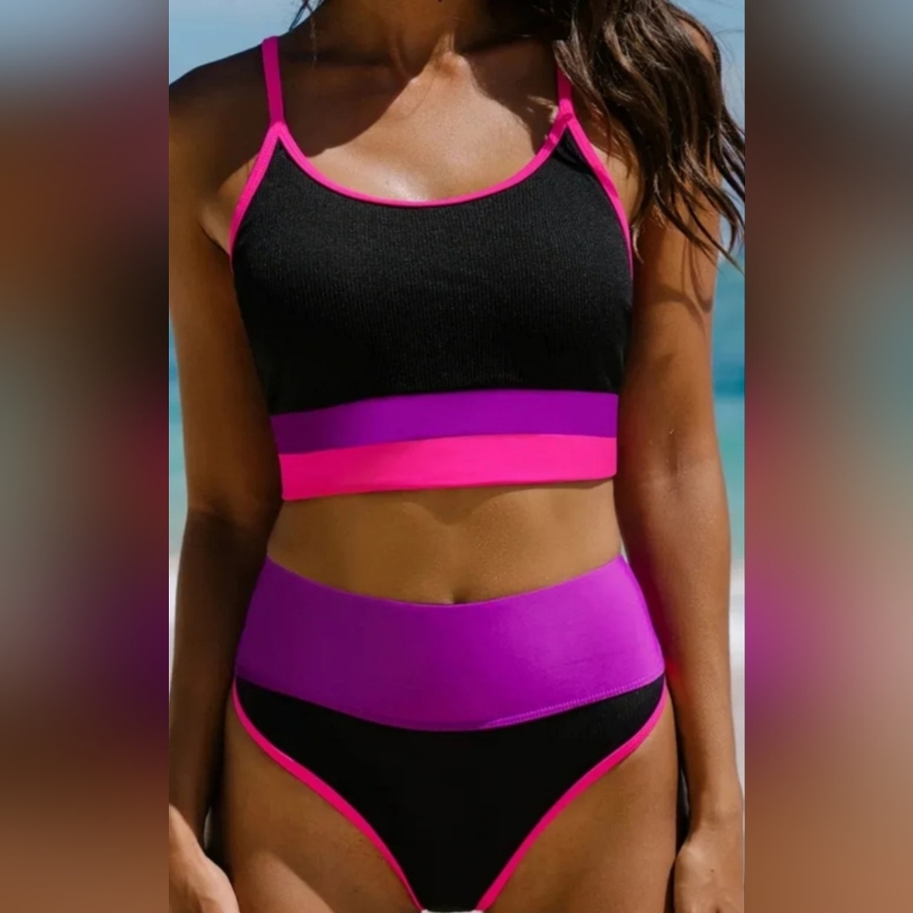 Sporty Neon Color Block High Waisted Bikini 2 Piece Swimming Suit Large